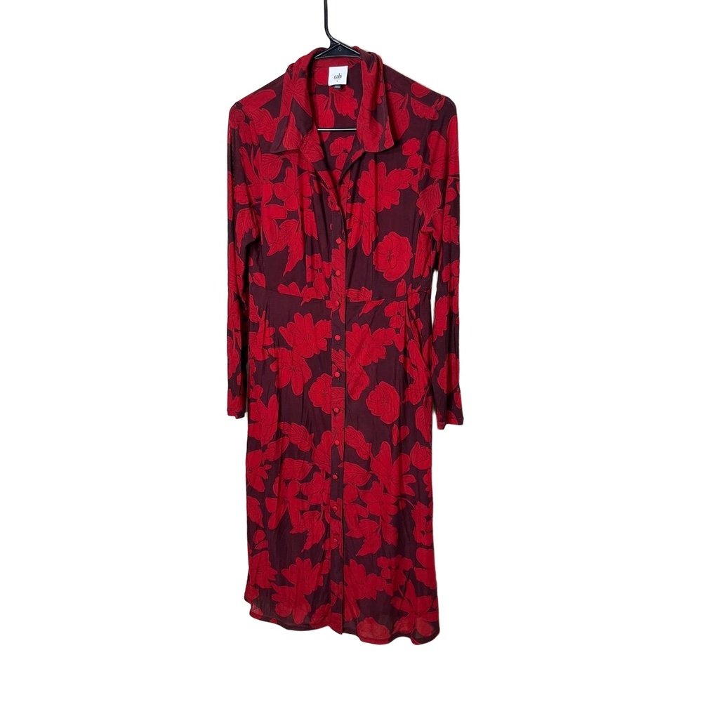 Cabi Red Floral Print Long Sleeve Button Up Collared Midi Dress Small
